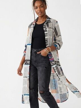 Wishing Waves Newspaper Print Duster Dress Y2K Sheer Button Front XL